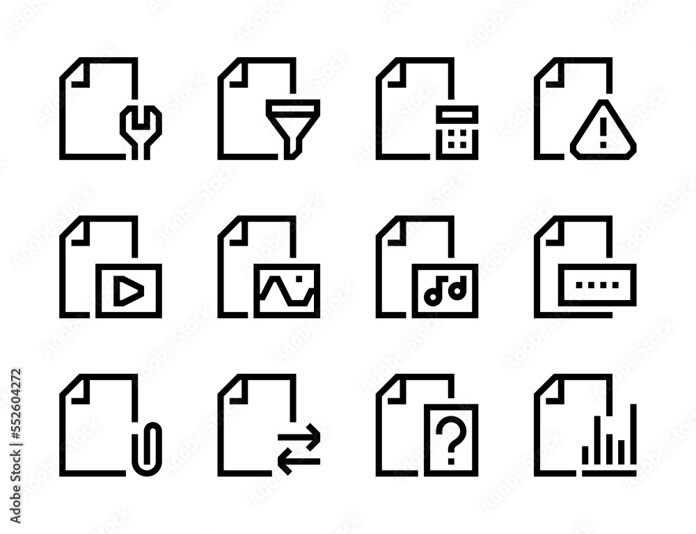 Poster file management, document settings and paperwork line vector icons. file type and page form editable
