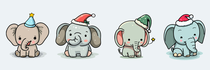 Elephents set cartoon wearing a christmas hat,sticker art design for birthday,christmas,vector illustration.
