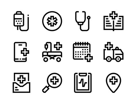 Medical service, Emergency and Healthcare line vector icons. Hospital, Doctor help and Clinic editable stroke outline icon set.
