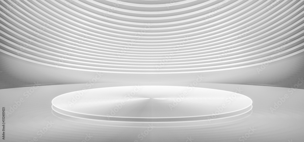 Poster 3d rendering of white curved stage display platform futuristic spatial background