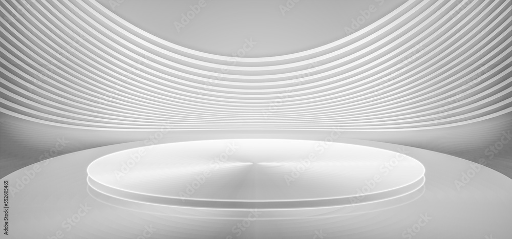 Poster 3d rendering of white curved stage display platform futuristic spatial background