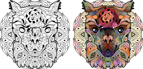 Zentangle stylized head alpaca. Hand drawn decorative vector illustration for coloring on mandala. Color and outline set