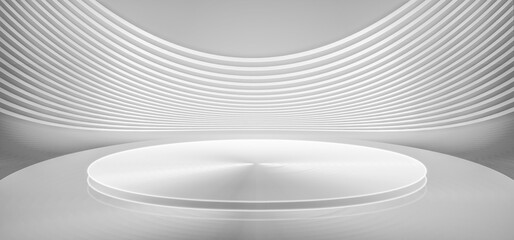 3D rendering of white curved stage display platform futuristic spatial background