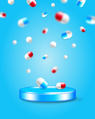 Podium with falling pills and capsules for medical, pharmaceutical and science purposes