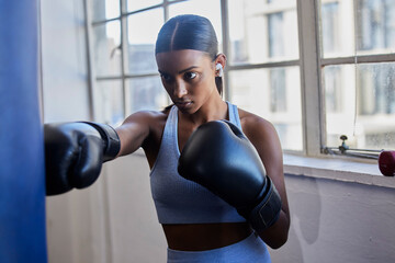 Boxing, woman and music for fitness motivation with audio podcast for boxer competition, boxing...