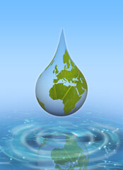 Fototapeta premium World Water Day. A globe with the texture of a leaf in the shape of a drop of water, falls on a blue sea background