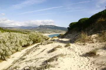 Photo sur Plexiglas Plage de Bolonia, Tarifa, Espagne La plage naturelle et sauvage de Bolonia longue de 4 kilomètre, située dans le parc naturel El Estrecho, à une vingtaine de kilomètres au nord de Tarifa, dans la province de Cadix, en Espagne