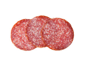 Sliced salami isolated on white background with transparent PNG. Sausage top view.