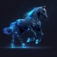 Obraz na płótnie Canvas Robot neon blue horse, high tech image with dark background. Generative AI.