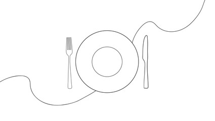 New Year's table setting. Plate Fork and Knife for decoration restoran menu in simple linear style. Hand drawn sign or banner cafe. Editable stroke. 