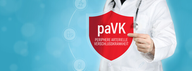 paVK (Periphere arterielle Verschlußkrankheit). Arzt hält rotes Schutzschild umgeben von Icons im...