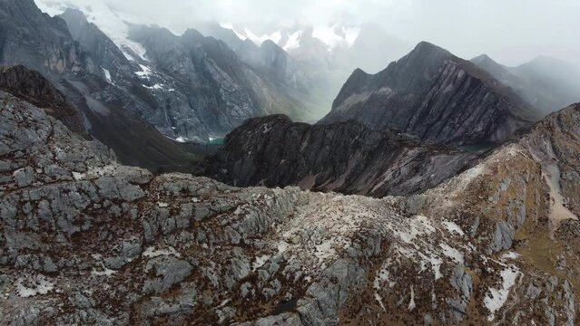 Huayhuash, beautiful national park with huge mountains and lot of lakes. Drone footage 4K. Peru