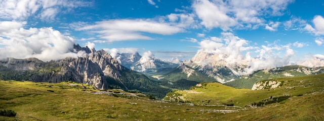 Fototapeta premium Beautiful Morning at Tre Cime di Lavaredo Mountains with blue sky, Dolomites Alps, Italy