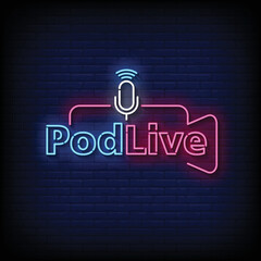 neon sign podcast live with brick wall background vector illustration