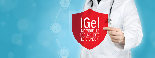 IGeL (Individuelle Gesundheitsleistungen). Arzt hält rotes Schutzschild umgeben von Icons im...
