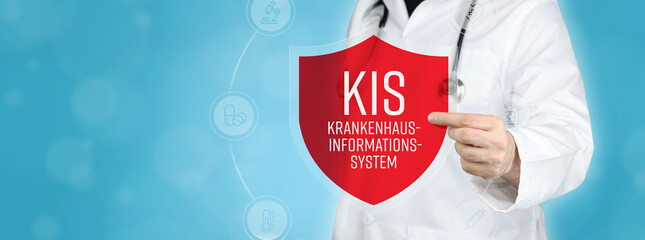 KIS (Krankenhausinformationssystem). Arzt hält rotes Schutzschild umgeben von Icons im Kreis....