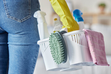 House, cleaning products and woman hands holding plastic container with cleaner tools. Home,...