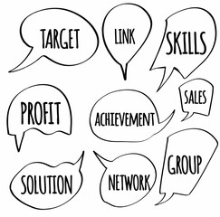 set collection hand drawn speech bubbles of TARGET, LINK, SKILLS, PROFIT, SALES, ACHIEVEMENT, GROUP, SOLUTION, NETWORK. vector design illustration