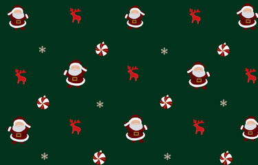 Santa Claus and Christmas ornaments in a seamless pattern on green background