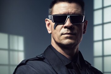 Obraz premium Portrait of a stern private security warden standing in sunglasses 