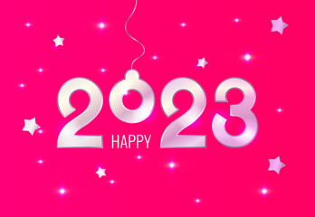 Happy New Year 2023 template Pink. Background with toy, stars and light. 