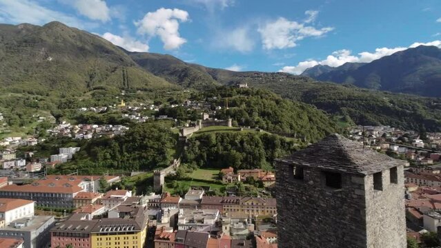 Aerial of Bellinzona Switzlerland Montebello and Sasso Corbaro castles hillside city