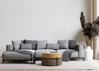 big white living room.interior design,dark grey sofa,wooden table,carpet wall for mock up and copy space.
