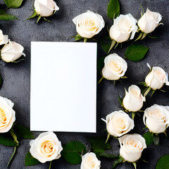 Obraz na płótnie Canvas White roses on wooden background, white roses and white card for Valentine's day, wedding day card, generative AI, illustration