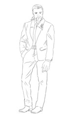 Digital illustration of a tall handsome man with ponytail and a goatee, wearing a suit