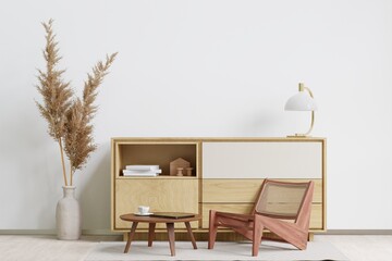 big white living room.interior design,wooden chair ,wooden table,sideboard,wooden floor, carpet and...