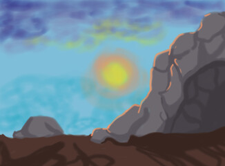 Digital illustration of the setting sun near to a cave