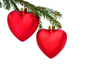 Isolated Christmas heart toy on a Christmas tree. Two hearts on a spruce branch