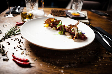 Steak tartare served on a plate in restaurant