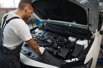 Portrait of young engineer looking at automobile