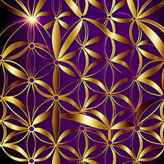 Sacred geometry, gold on purple "Flowers of life", intricate geometry, esoteric, spirituality, meditation, yoga, religion, illustration, digital