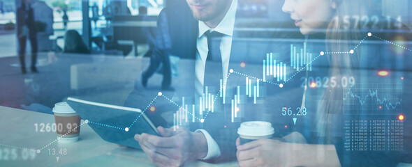 business and investment with innovation, digital technology, big data, financial charts banner