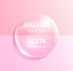 Glutathione and Cystein, Glycine, Glutamate solution in the shape pink drop water. Collagen vitamins complex. Beauty treatment nutrition skincare design. Medical concepts. 3D Realistic Vector.