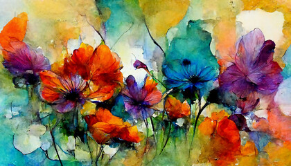 Watercolor painting with abstract colourful poppies. Created with Generative AI technology.
