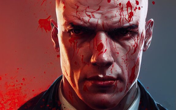 Portrait of a hitman with blood spatter on his face 