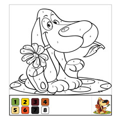 Number coloring page for children. Cute cartoon tiger. Jungle animals. Learn numbers and colors. Educational game
