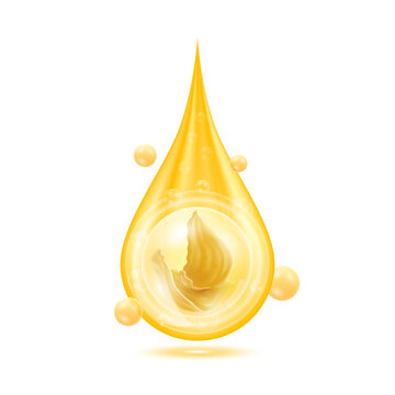 Edible Nest Swiftlet, Bird's nest in golden water drop and Vitamins collagen serum orange shining with oxygen bubbles. Isolated on white background. Saliva of bird backed. 3D Realistic vector Eps10.
