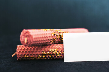 Beautiful pink handmade candles. With gilding. Holiday advent.  With space for your text
