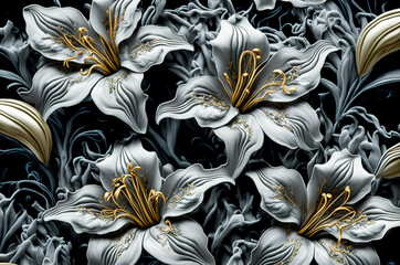 multi color blooming lilly flowers. nature background. branches with flowers and leaves, buds. Generative AI