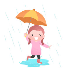 Cute little girl kid play wear raincoat with Umbrella running in rain