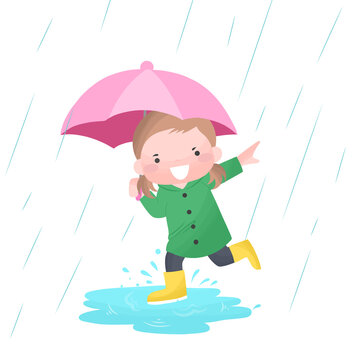 Cute little girl play wear raincoat with Umbrella running in rain
