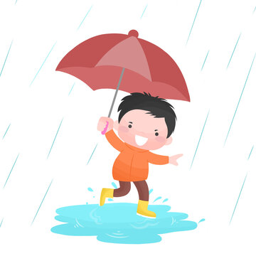Cute little boy kid play wear raincoat with Umbrella running in rain