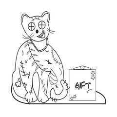 cat with gift and coloring page