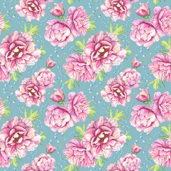 Floral pattern with pink peonies and leaves, watercolor