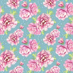 Deurstickers Floral pattern with pink peonies and leaves, watercolor © Diasha Art