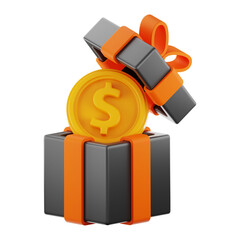 Premium finance dollar coin gift box icon 3d rendering on isolated background PNG